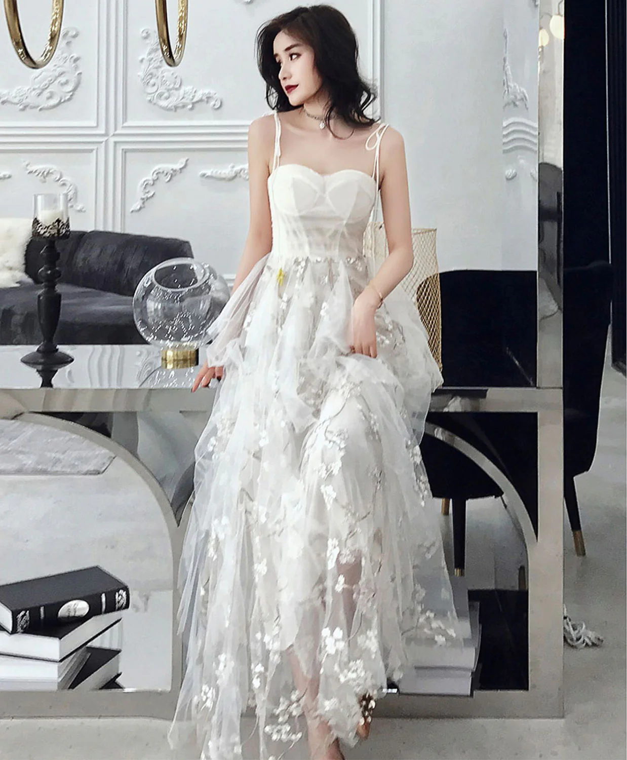 White Tulle Lace Long Prom Dress, White A-Line Lace Graduation Dresses