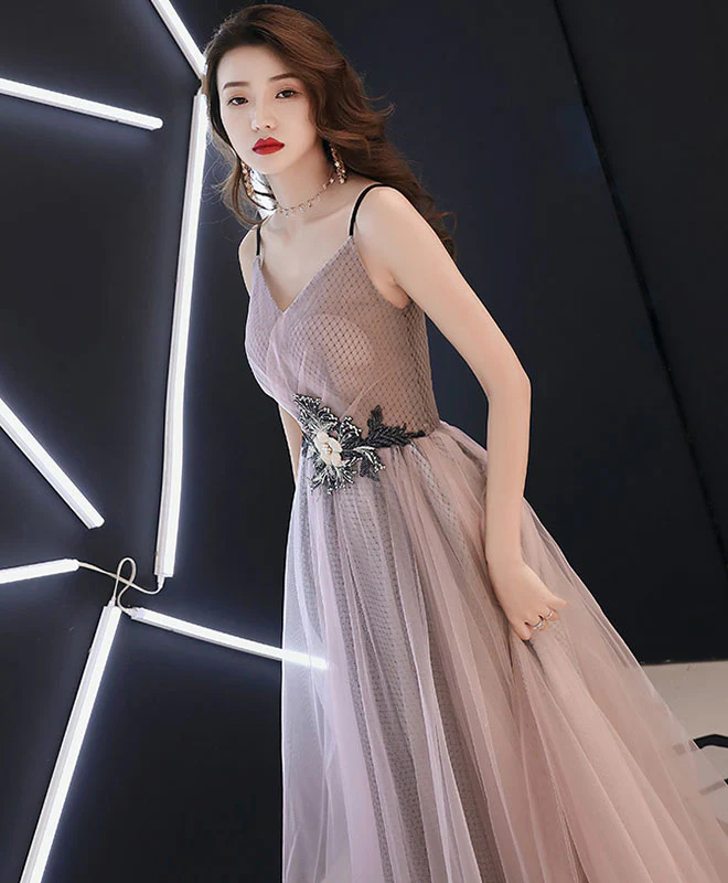 Champagne V Neck Tulle Long Prom Dress, Evening Dress