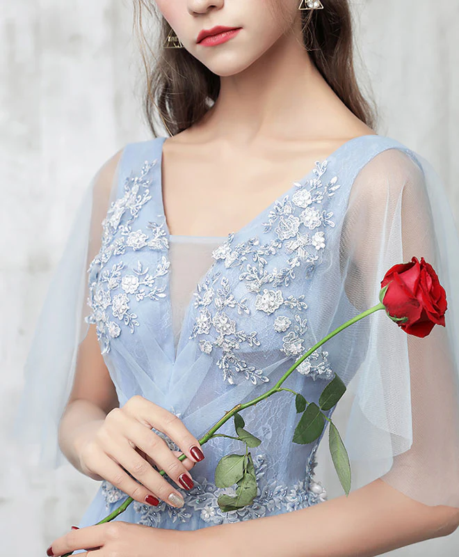 Blue V Neck Tulle Lace Applique Long Prom Dress, Blue Evening Dress