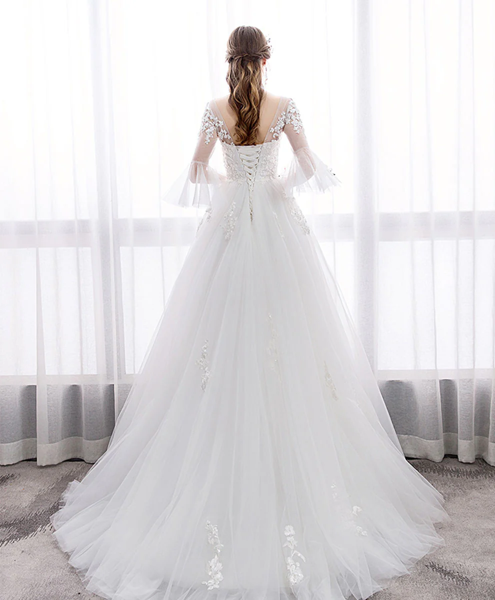 White V Neck Tulle Lace Long Wedding Dress, Lace Bridal Dress