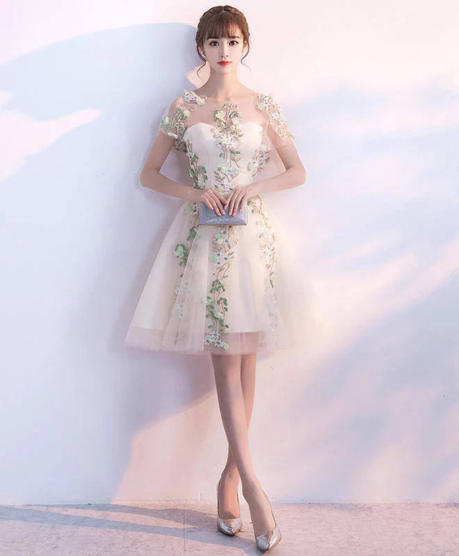 Champagne Tulle Lace Applique Short Prom Dress, Homecoming Dress