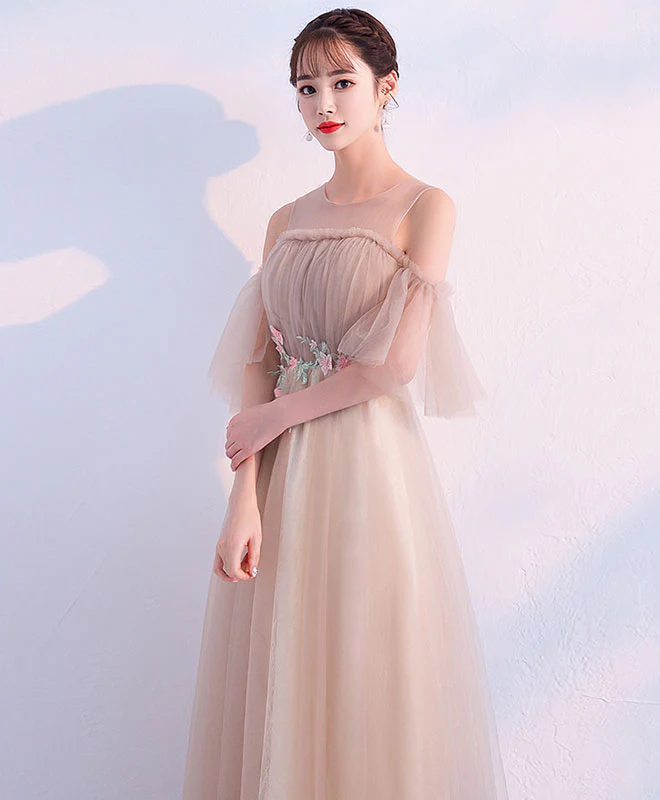 Champagne Round Neck Tulle Long Prom Dress, Champagne Tulle Evening Dress