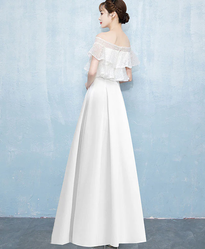 White A-Line Lace Satin Long Prom Dress, White Evening Dress