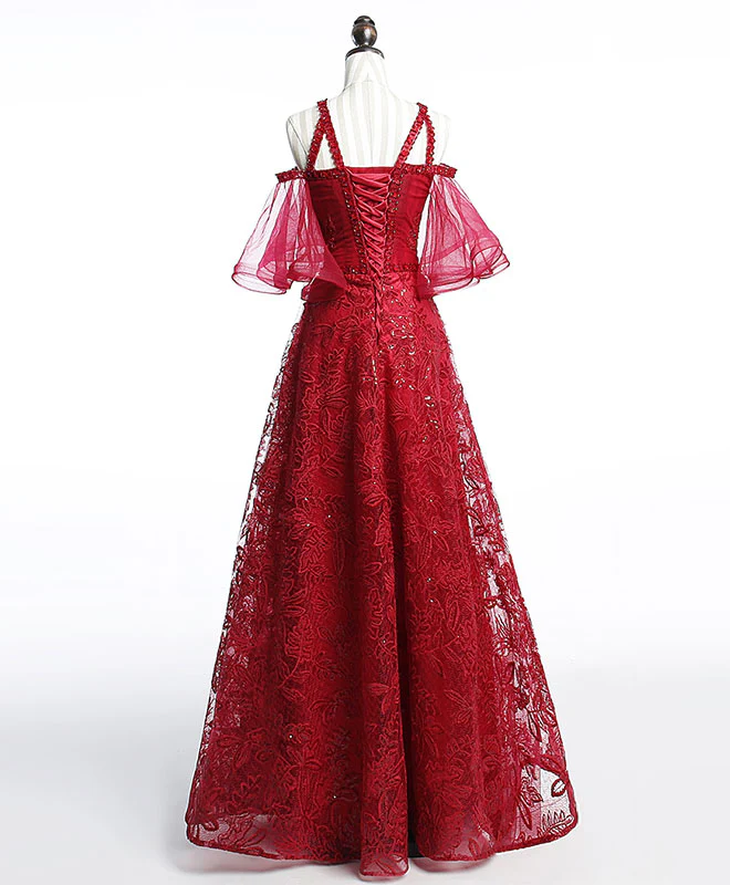 Unique Off Shoulder Tulle Lace Burgundy Long Prom Dress, Evening Dress