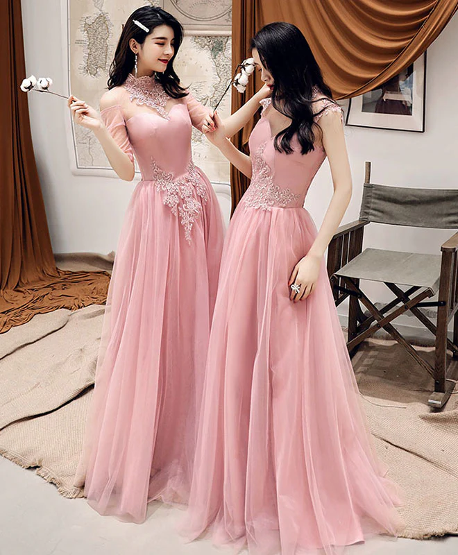 Pink Tulle Lace Long Prom Dress, Pink Tulle Lace Bridesmaid Dress