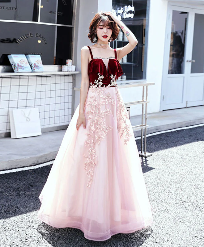 Pink Sweetheart Tulle Lace Long Prom Dress, Pink Evening Dress