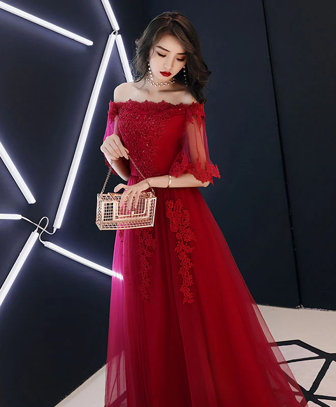 Simple Tulle Lace Long Burgundy Prom Dress, Burgundy Tulle Evening Dress