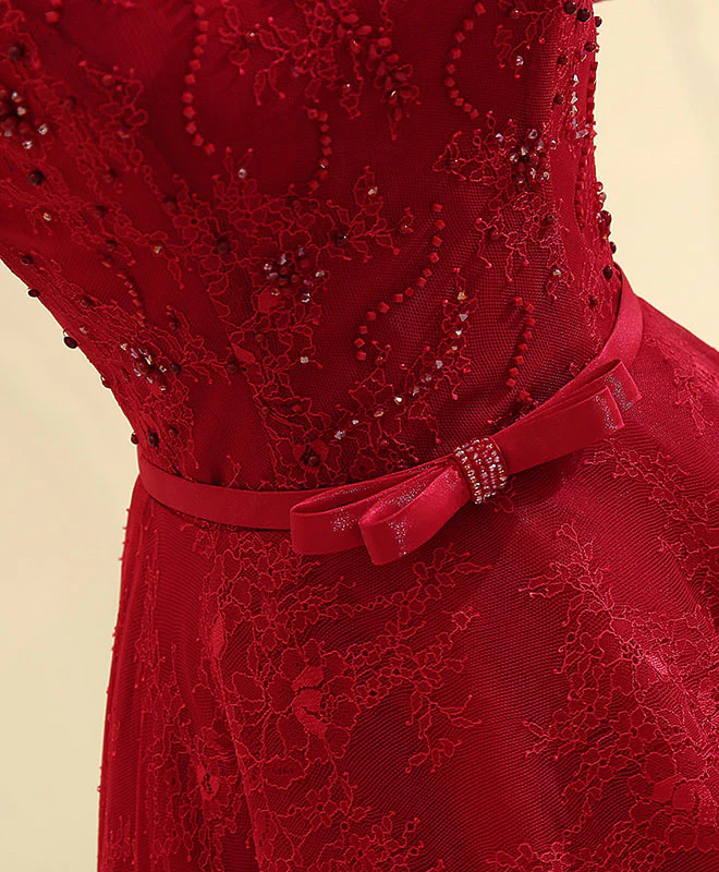 Burgundy Line Lace Long Prom Dress, Burgundy Evening Dress