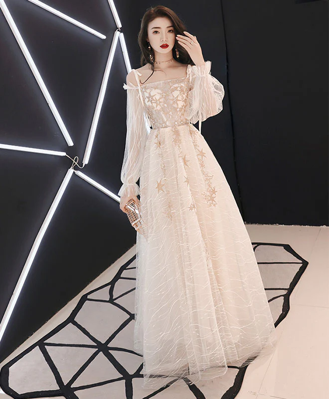 Unique Tulle Lace Long Prom Dress, Tulle Lace Evening Dress