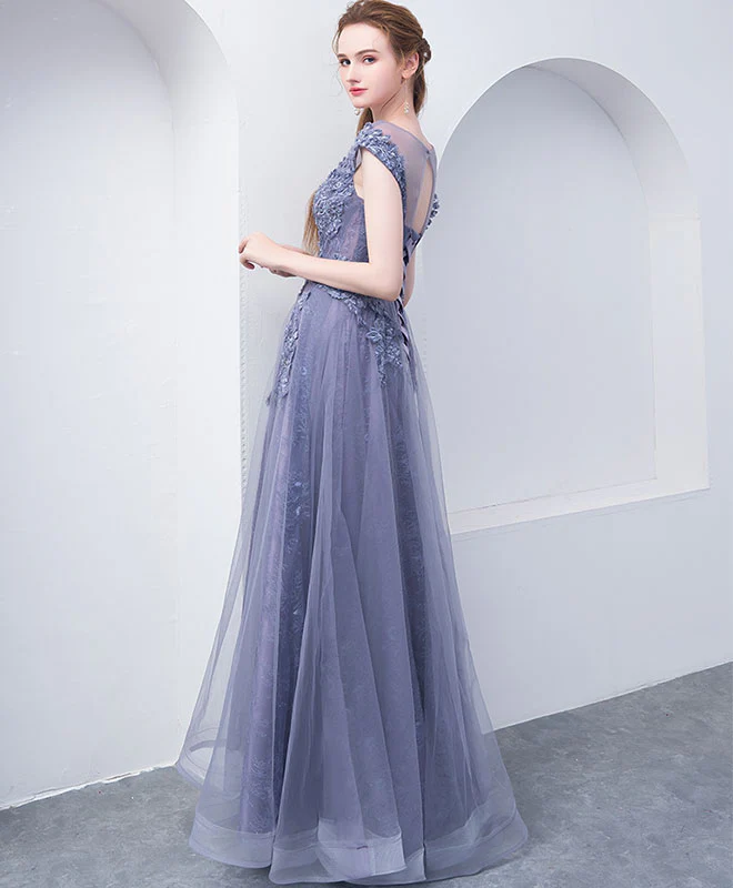 Gray Blue Round Neck Tulle Lace Long Prom Dress, Gray Blue Evening Dress