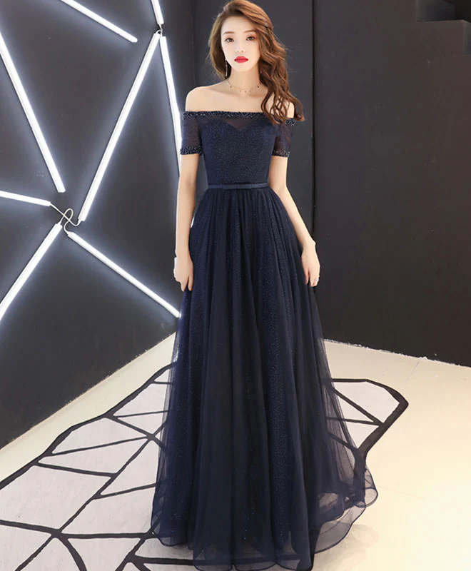 Dark Blue Tulle Long Prom Dress, Blue Tulle Evening Dress