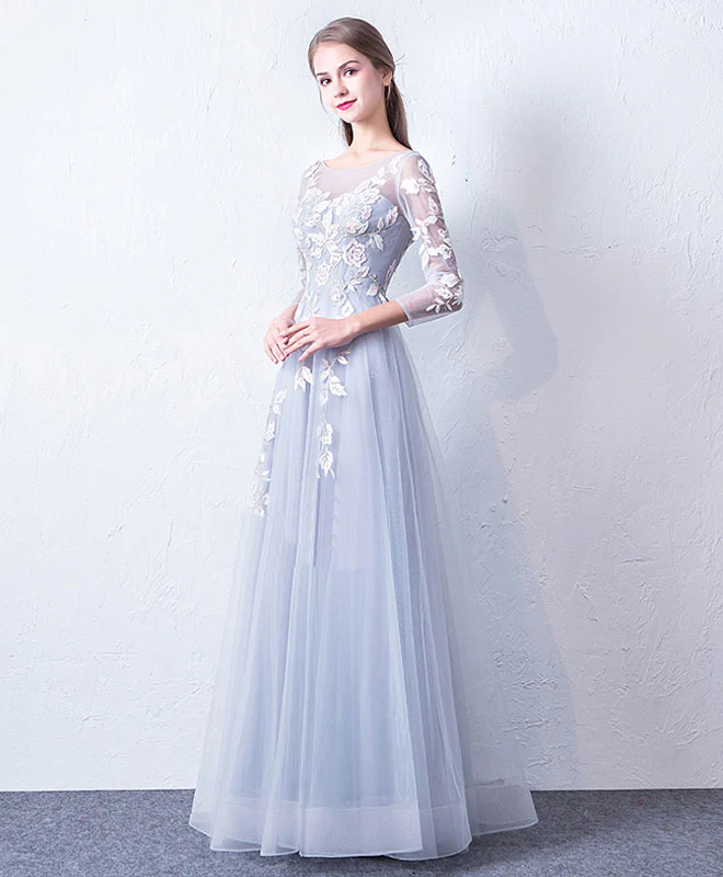 Gray Blue Cute Round Neck Lace Applique Tulle Long Prom Dress, Evening Dress