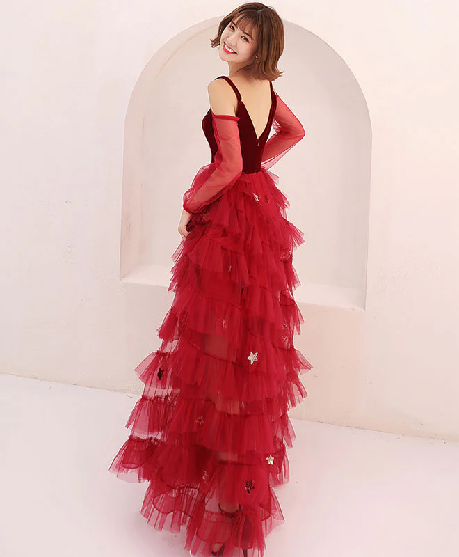 Burgundy Tulle Off Shoulder Long Prom Dress, Burgundy Evening Dress