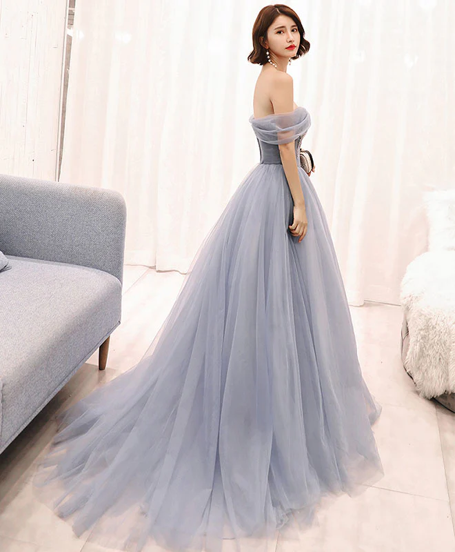 Gray Tulle Long Prom Dress, Gray Evening Dress