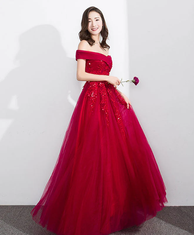 Burgundy Off Shoulder Tulle Lace Long Prom Dress, Evening Dress