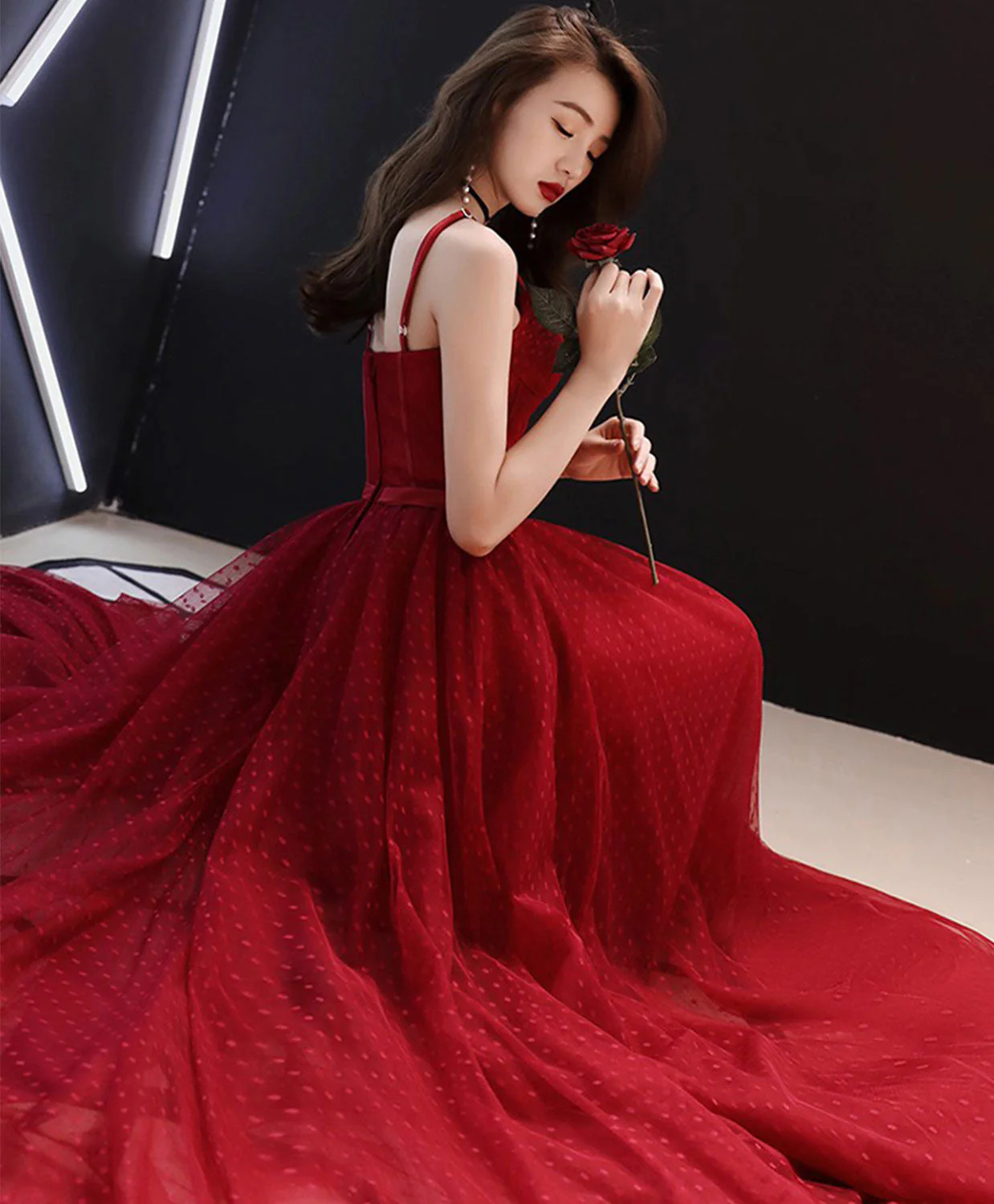 Burgundy Tulle Lace Long Prom Dress, Burgundy Evening Dress