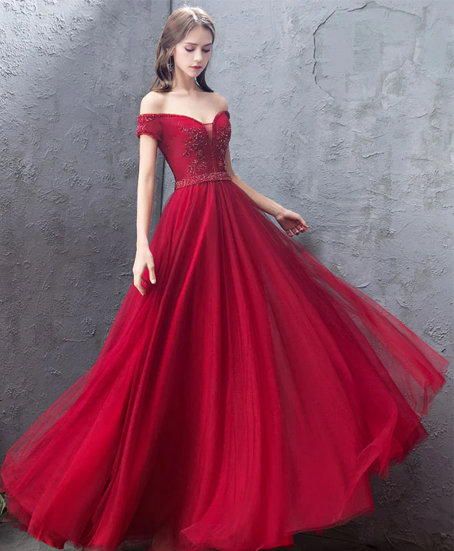 Burgundy Sweetheart Off Shoulder Long Prom Dress, Burgundy Evening Dress