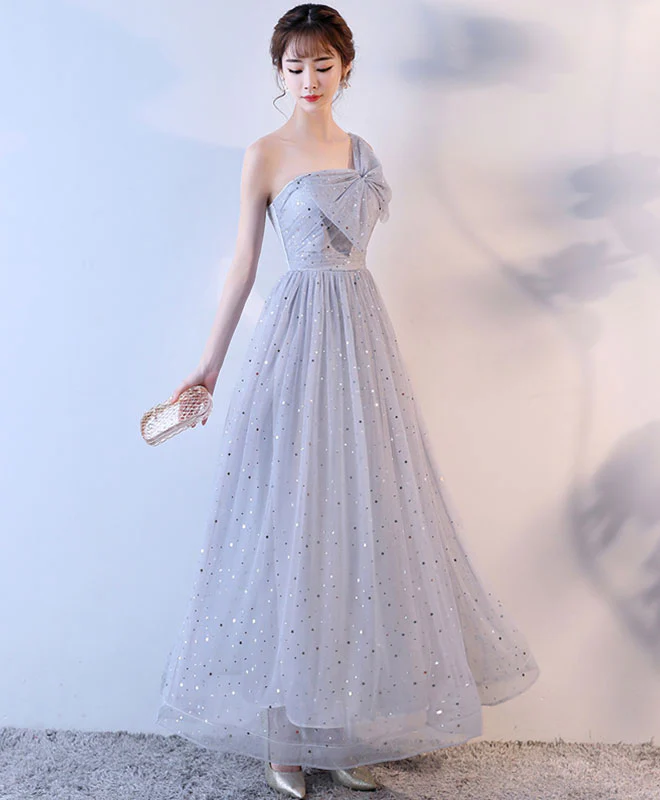 Cute Gray One Shoulder Long Prom Dress, Evening Dress