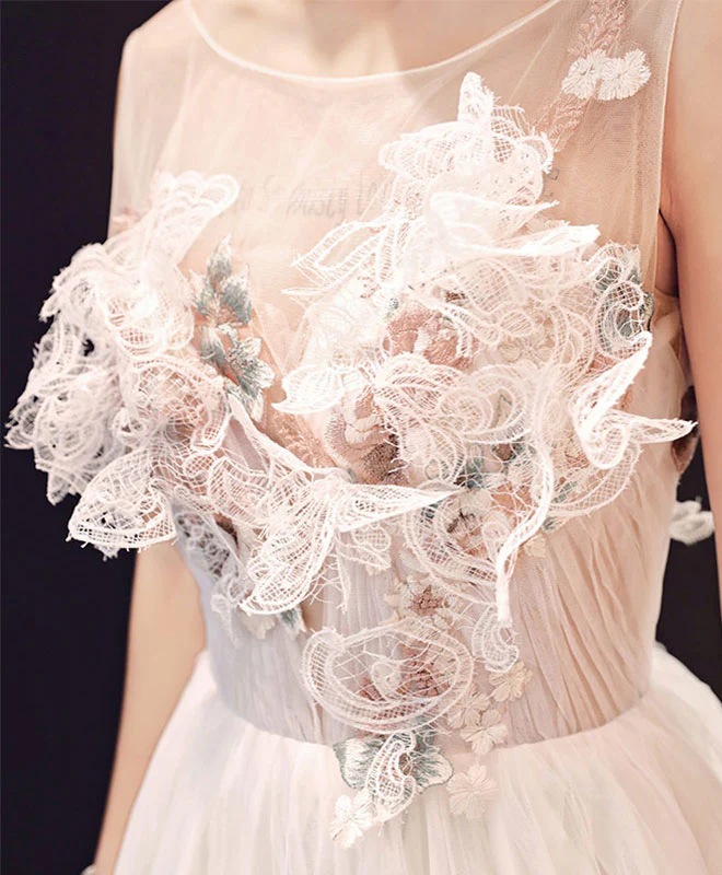 Champagne Lace Tulle Long Prom Dress, Evening Dress