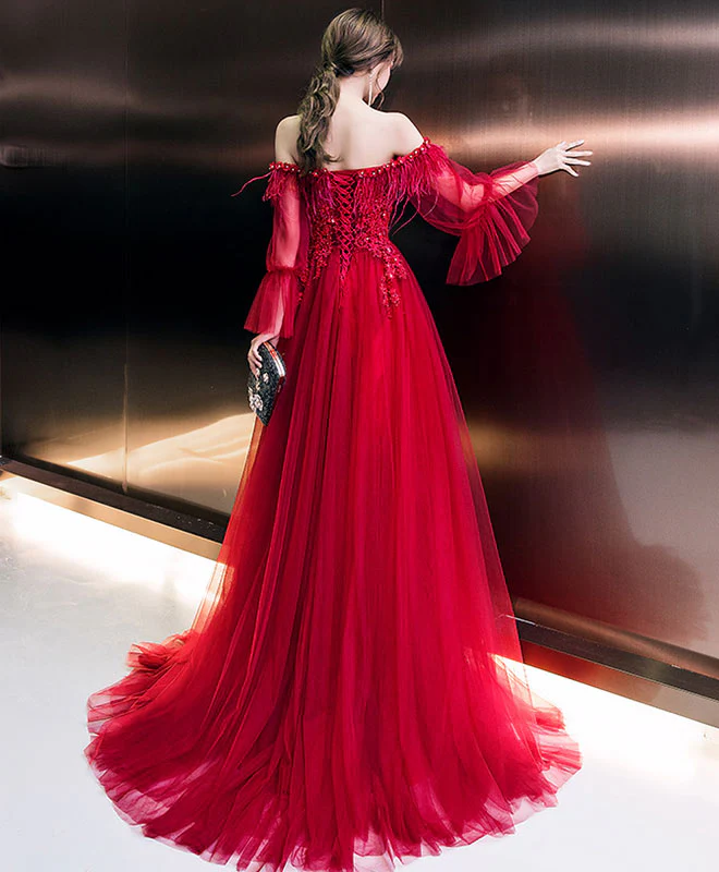 Burgundy Tulle Long Prom Dress, Burgundy Tulle Formal Dress