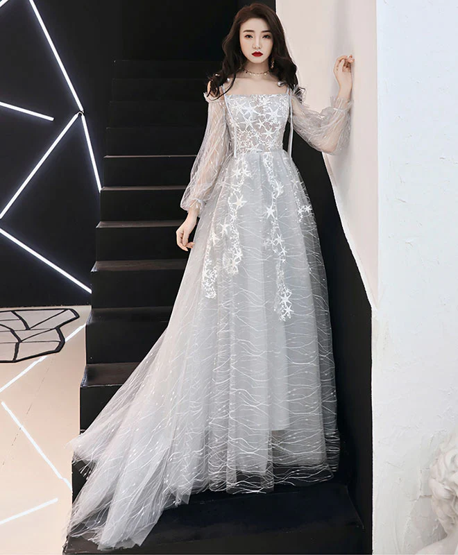 Gray Tulle Lace Long Prom Dress, Gray Tulle Evening Dress