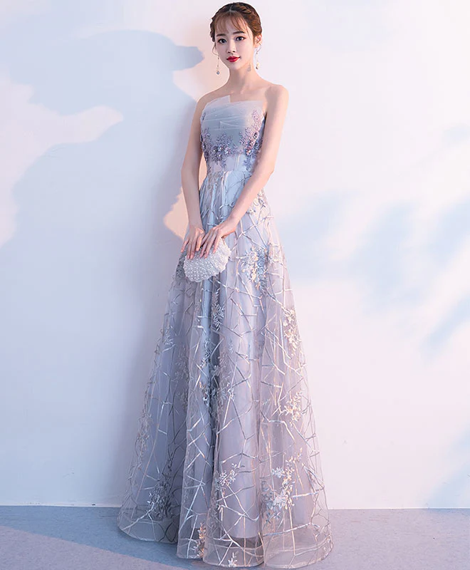 Gray Tulle Lace Long Prom Dress, Gray Tulle Evening Dress