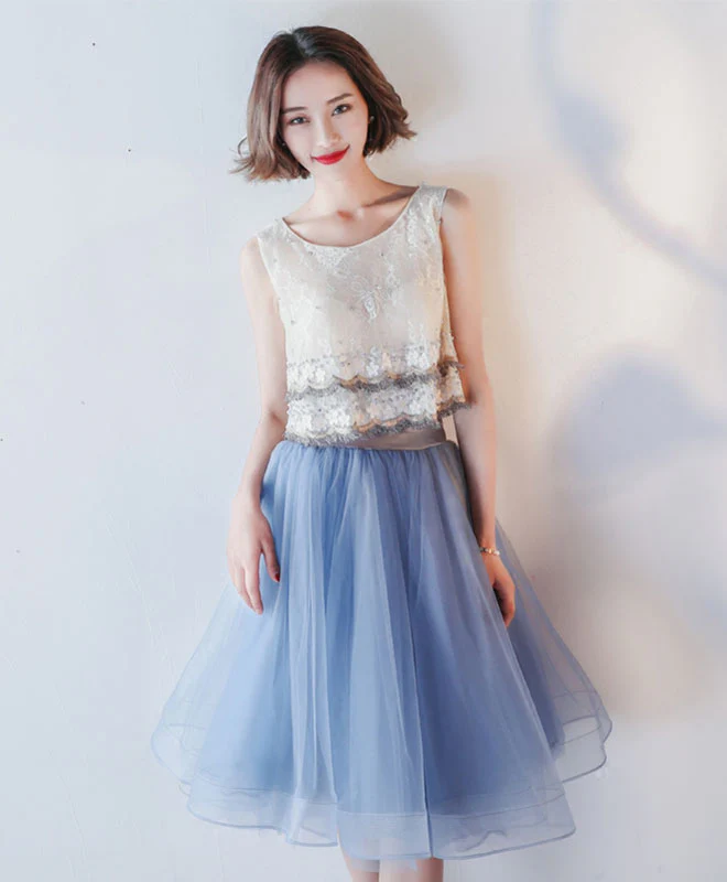 Blue Lace Tulle Knee Length Prom Dress, Blue Lace Homecoming Dress