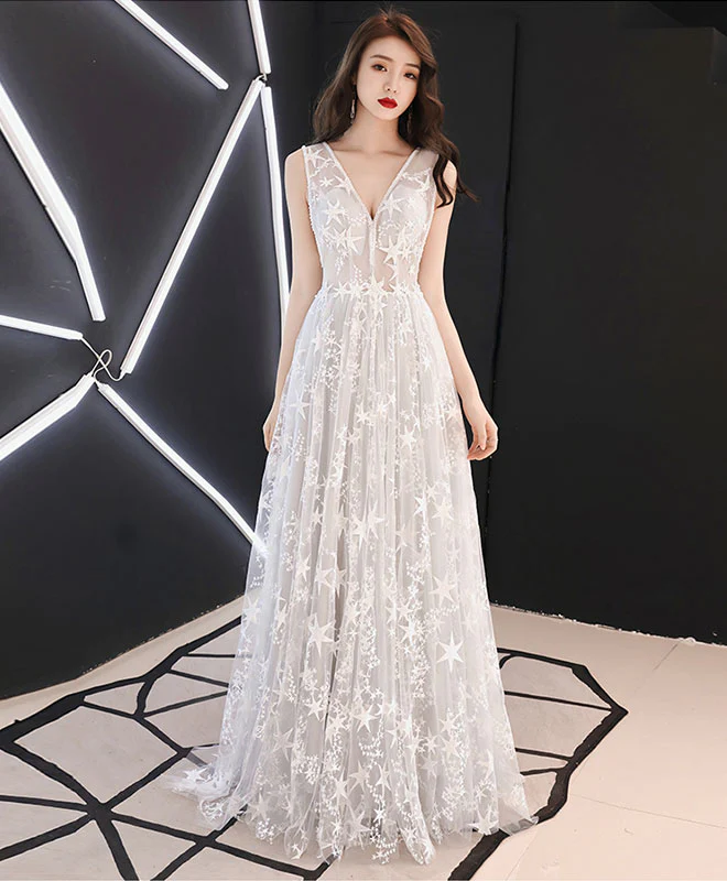 Gray Tulle Lace Long Prom Dress, Gray Lace Evening Dress