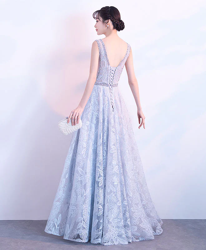 Gray V Neck Lace Long Prom Dress, Gray Evening Dress