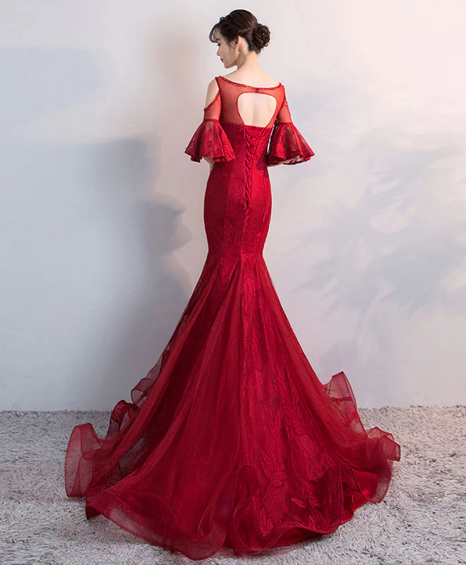 Burgundy Round Neck Tulle Lace Mermaid Long Prom Dress, Evening Dress