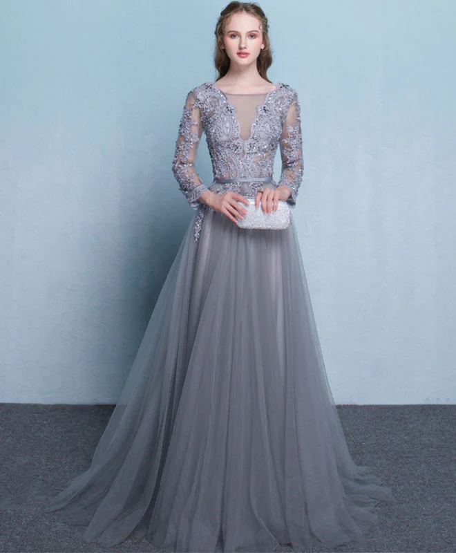Gray Round Neck Lace Tulle Long Prom Dress, Gray Lace Evening Dress