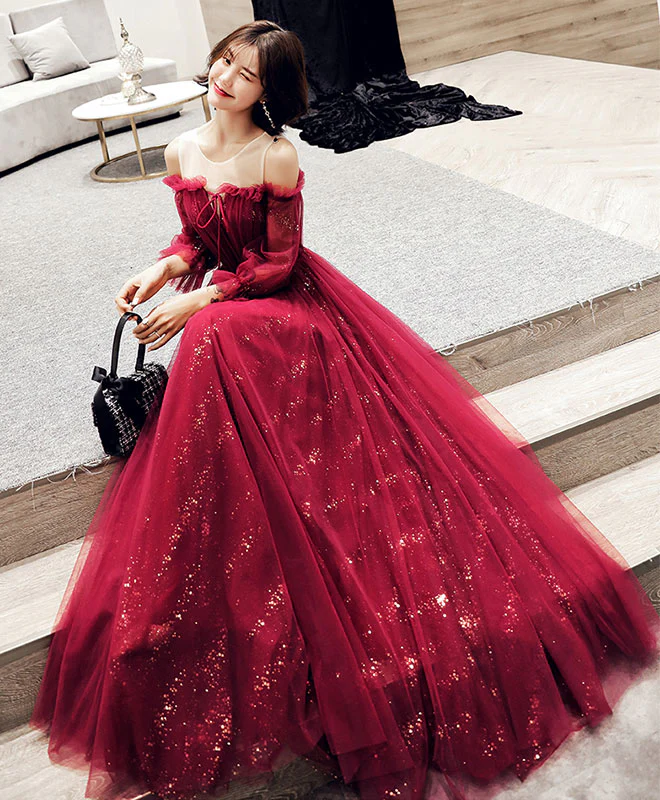 Dark Red Tulle Lace Long Prom Dress, Dark Red Evening Dress