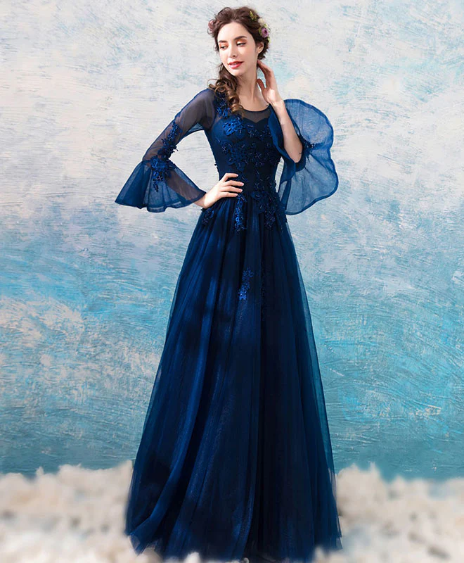 Blue Round Neck Lace Tulle Long Prom Dress, Lace Evening Dress