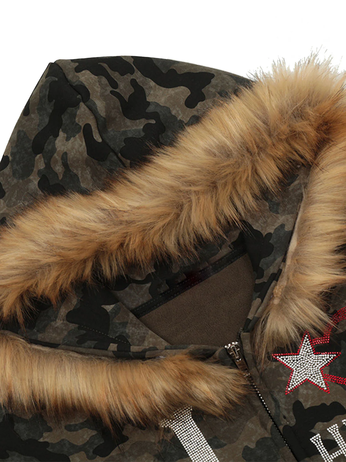 Hotfix Rhinestones Camouflage Fur Hooded Fleece Jacket - 2357