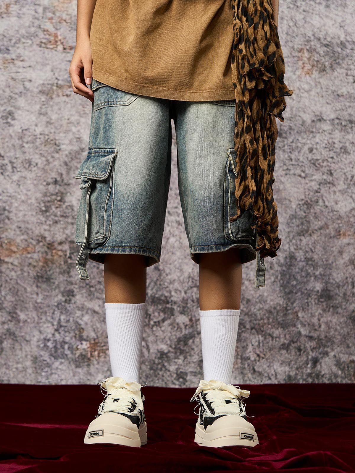 High-Waisted Multi-Pocket Denim Cargo Shorts