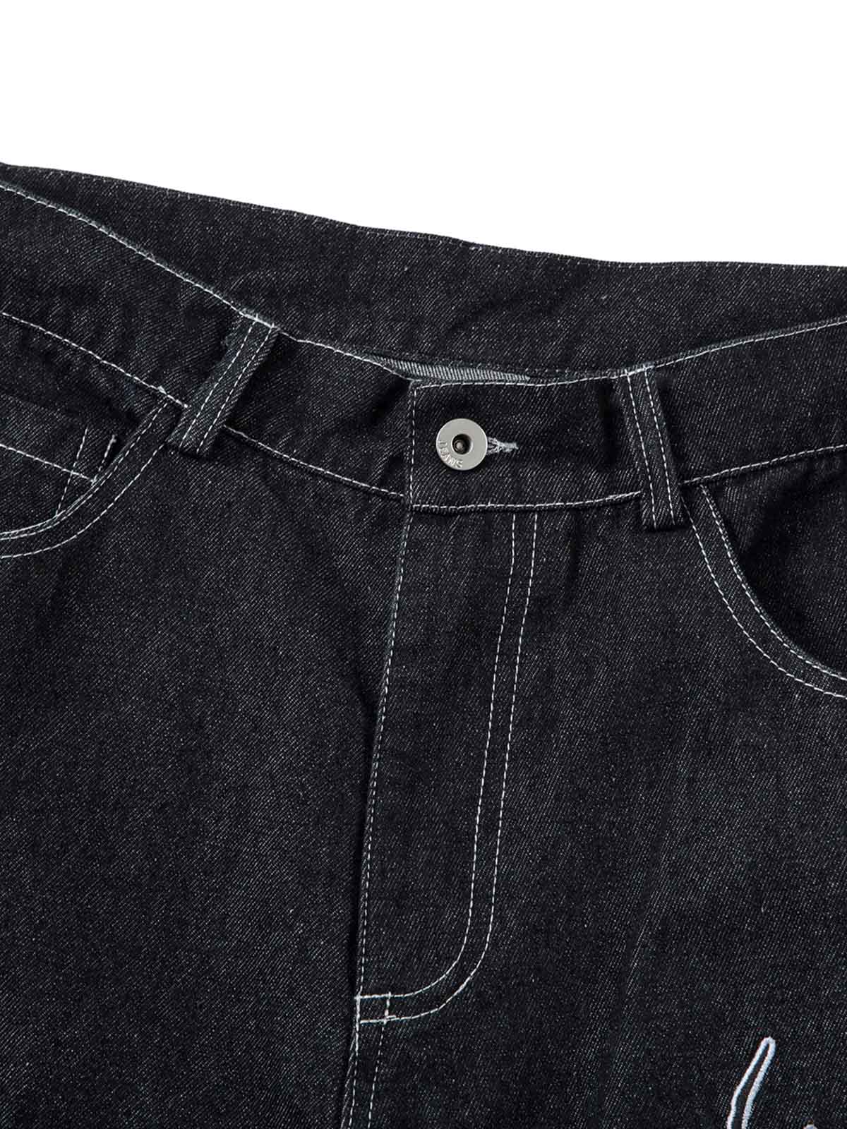 Embroidered Flame Baggy Jeans