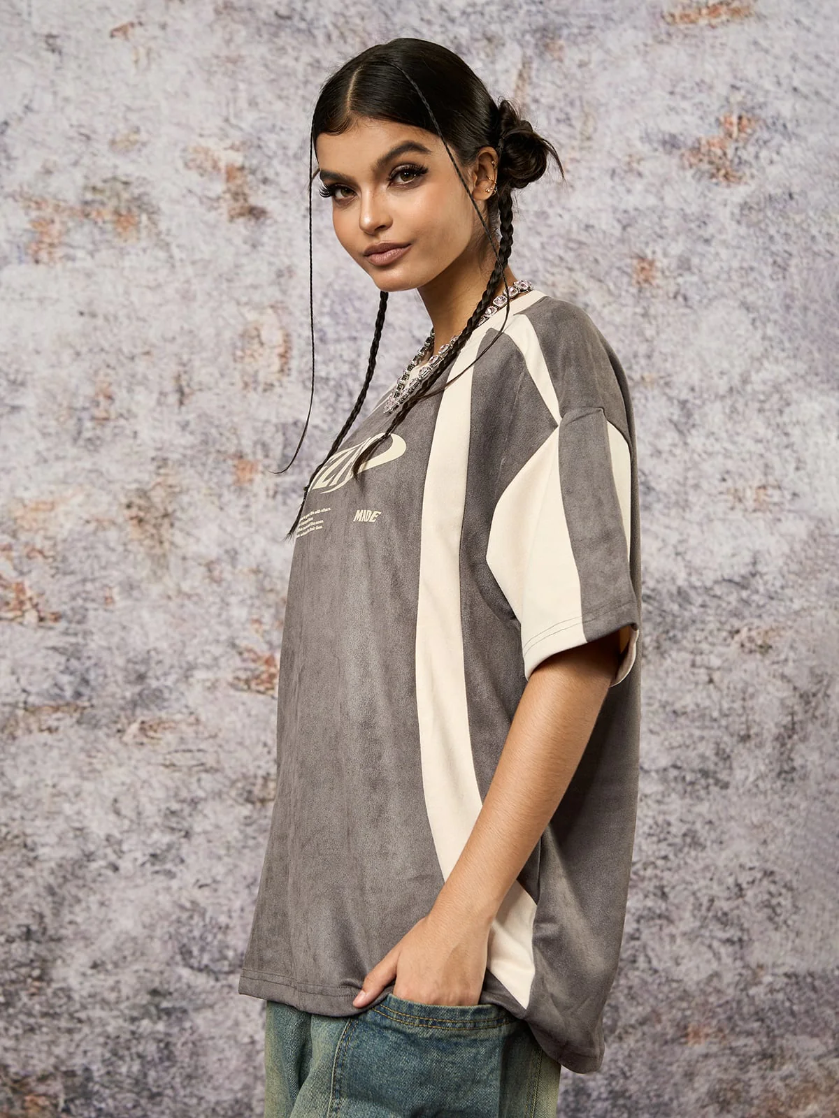 Jersey Deconstructed Contrast Color Stitching Print T-shirt