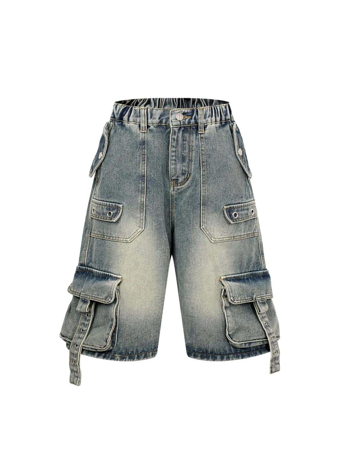 High-Waisted Multi-Pocket Denim Cargo Shorts