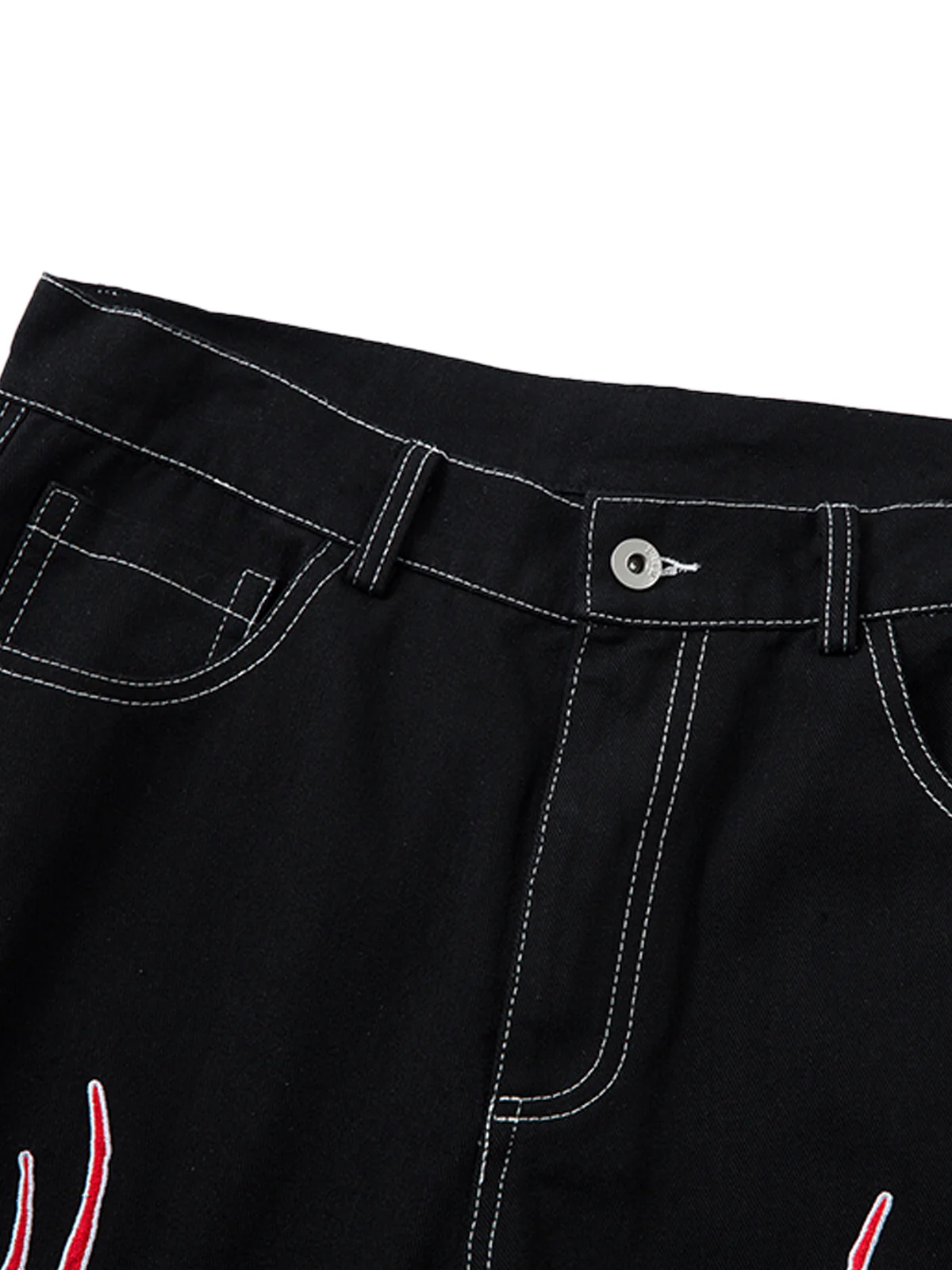 Contrast Flame Embroidered Baggy Jeans - 2364