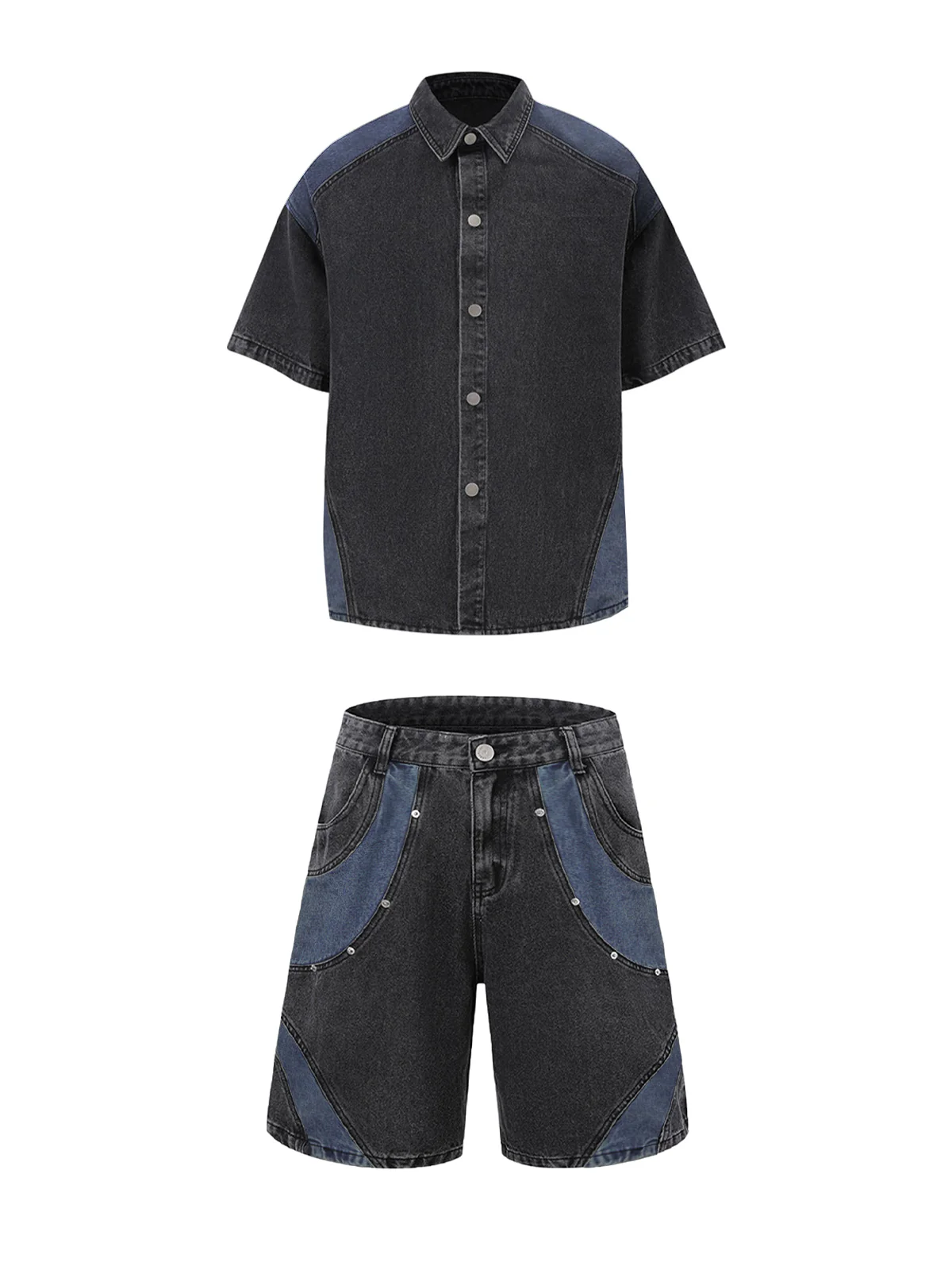 Deconstructed Patchwork Short-Sleeve Cropped Denim Set