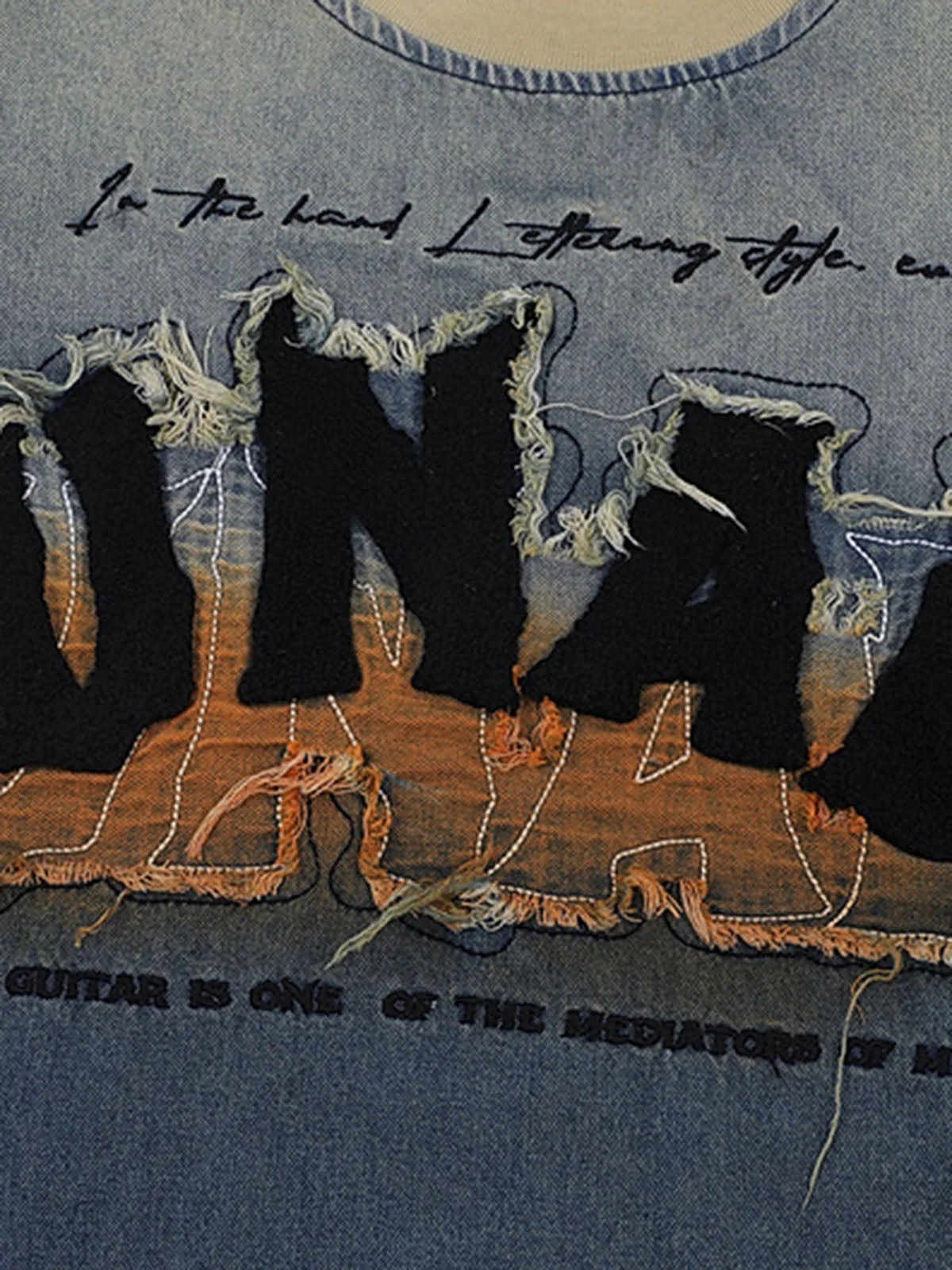 Distressed Washed Patchwork Gradient Denim T-shirt