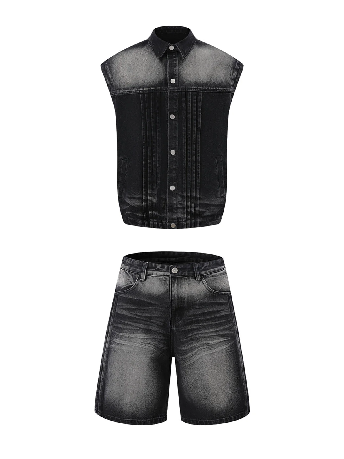 Distressed Washed Pleated Vest Jorts Denim Suit