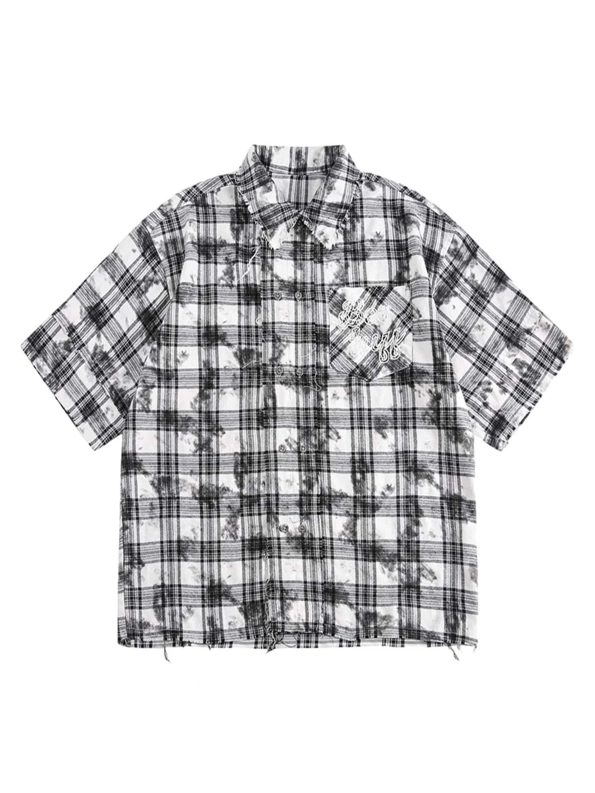 Distressed Plaid Lace Short-Sleeve Shirt