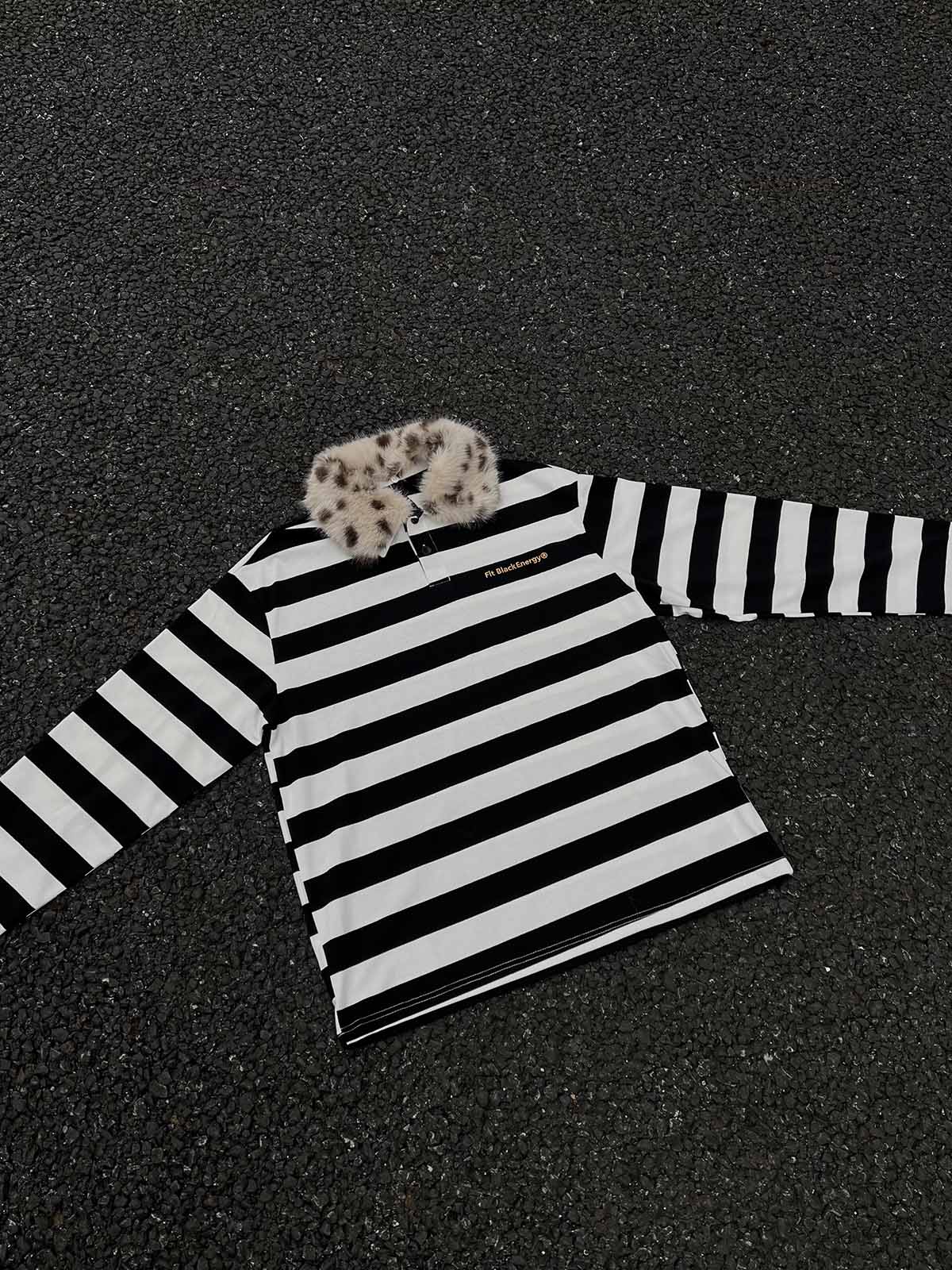 Striped Detachable Fur Collar Long-Sleeve T-shirt - 2397