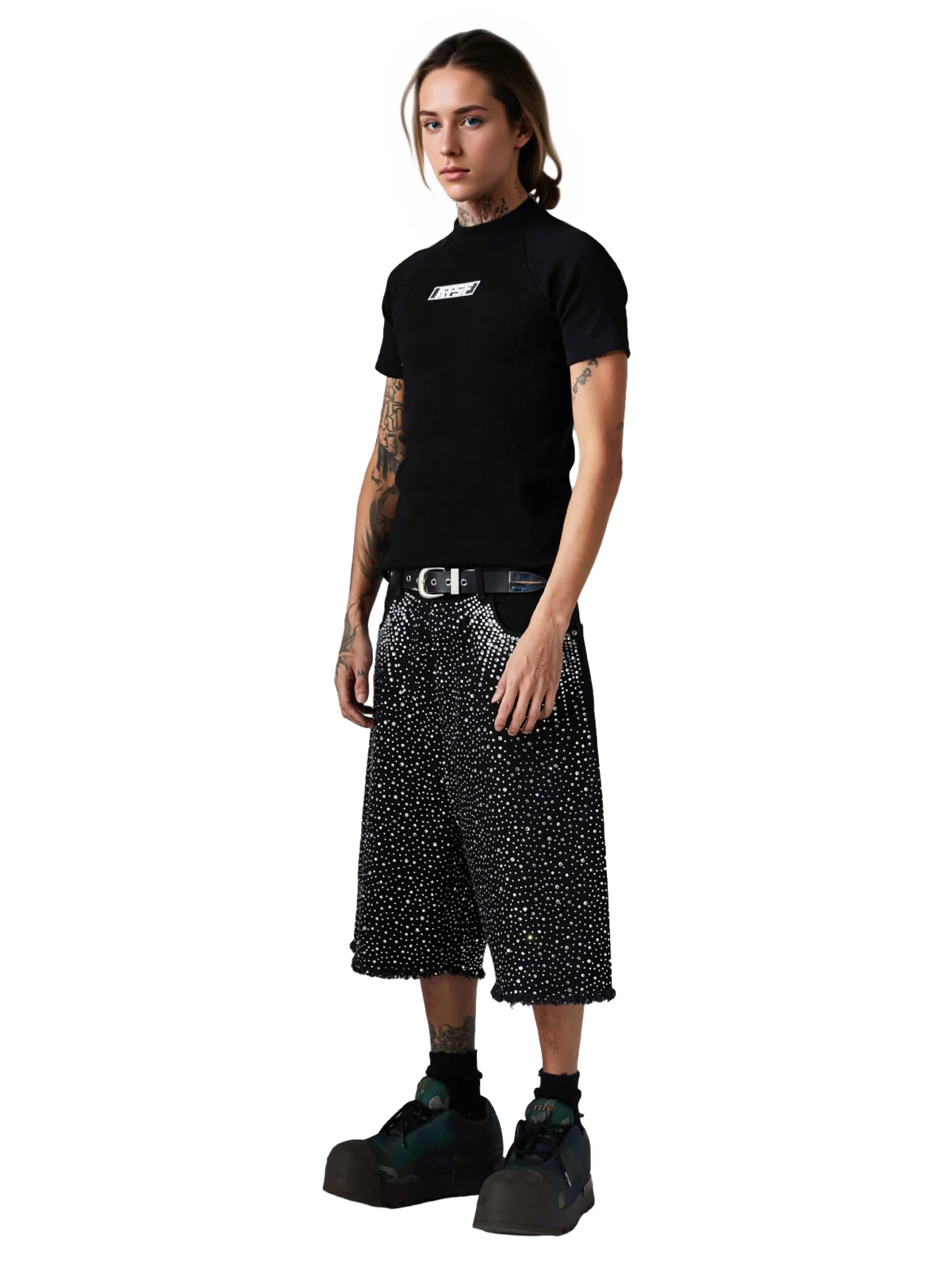 Retro Washed Rhinestone Raw Edge Denim Shorts