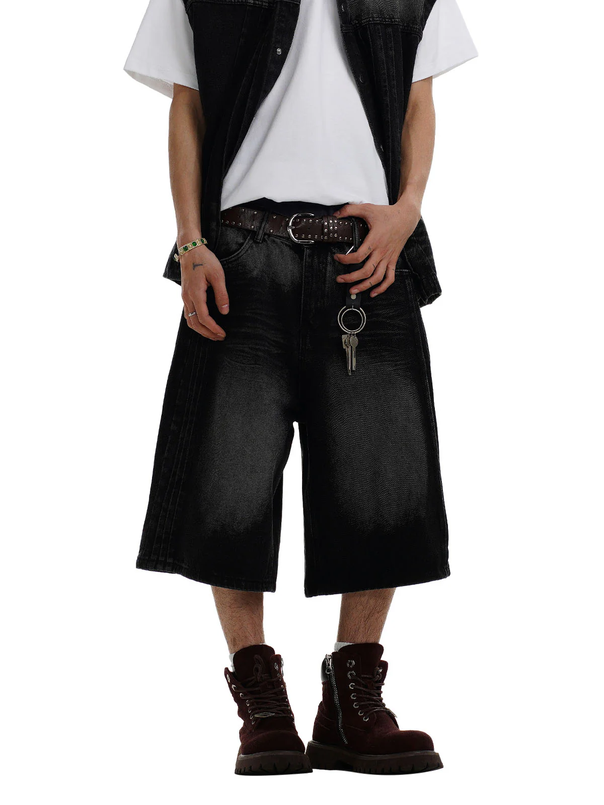 Distressed Washed Pleated Vest Jorts Denim Suit