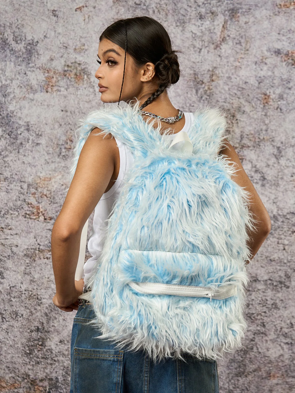 Snow Monster Contrast Ice Blue Furry Backpack