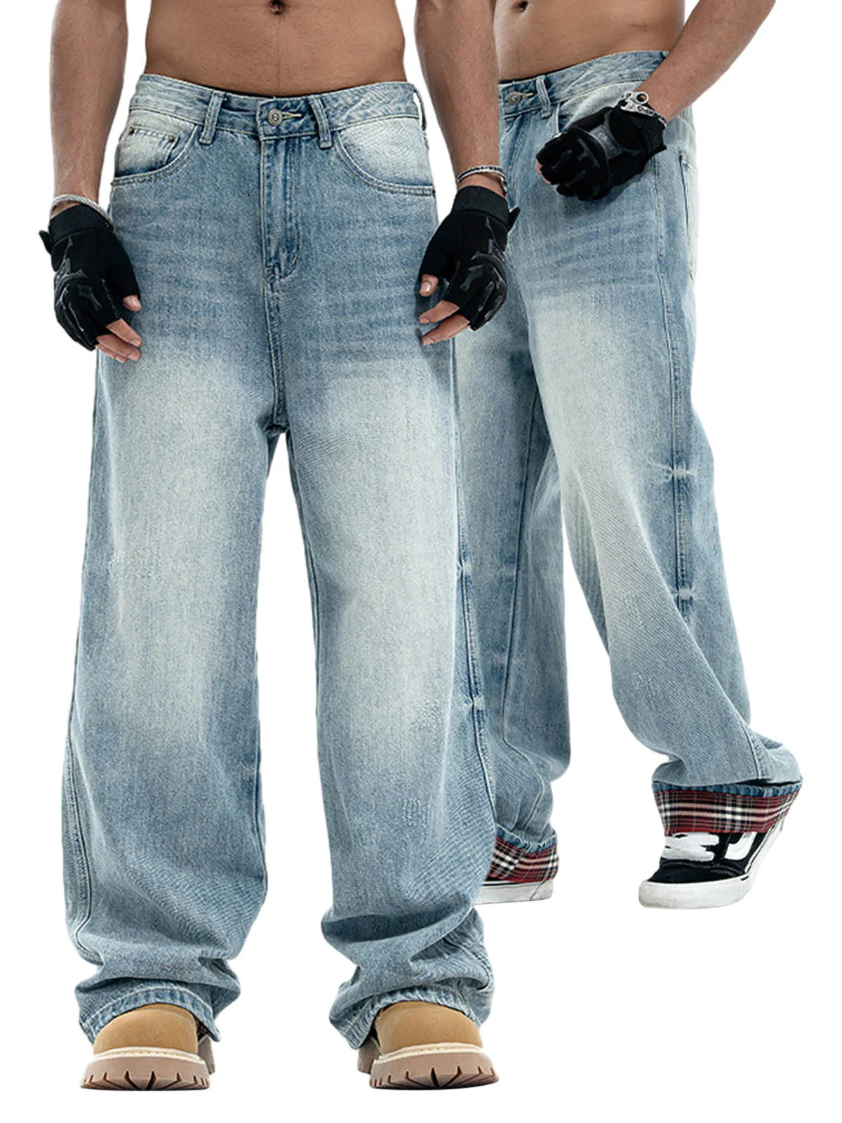 Vintage Washed Plaid Baggy Jeans