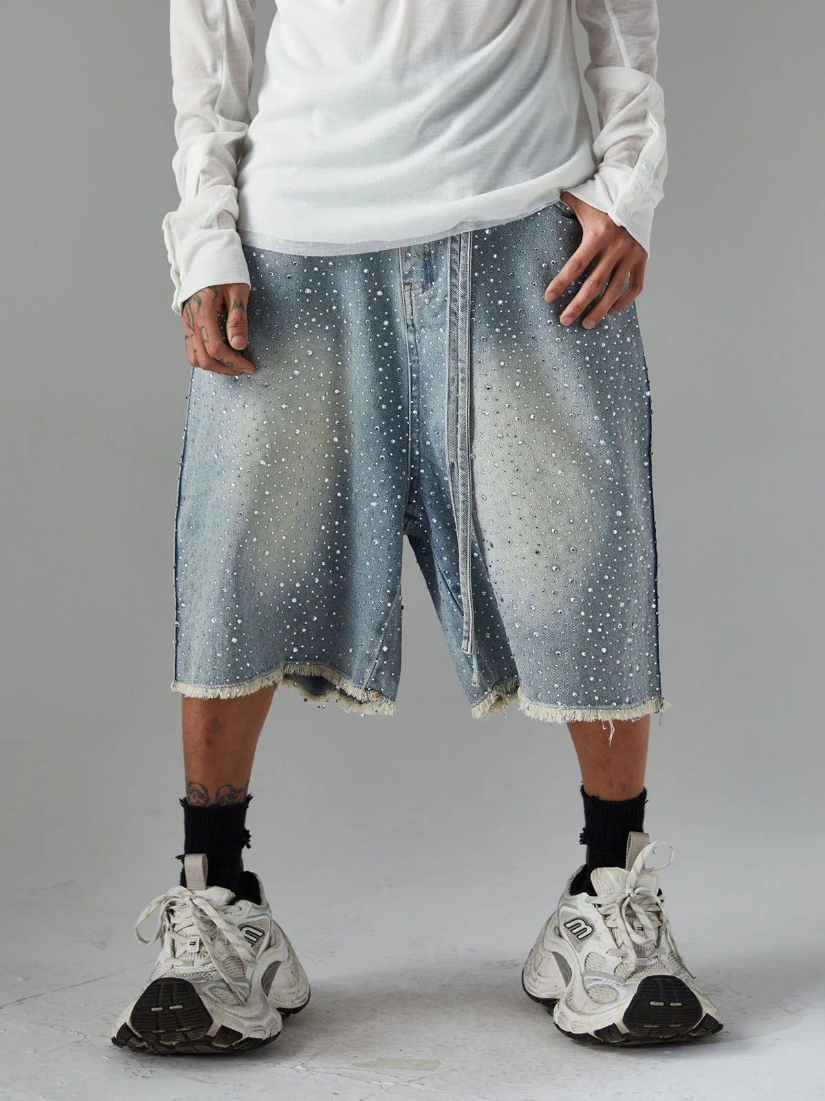 Distressed Rhinestone Denim Jorts