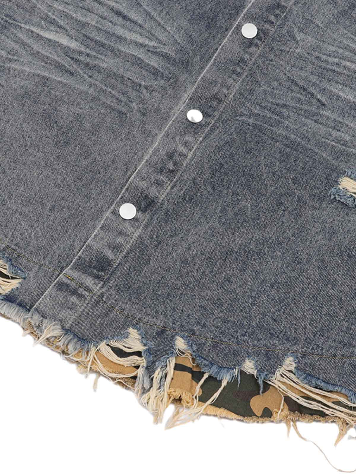 Thesupermade Patchwork Camouflage Ripped Shirt Jorts Denim Suit